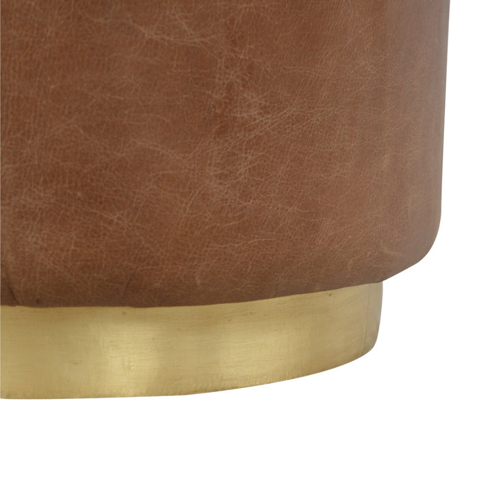 Brown Buffalo Leather Footstool with Gold Base