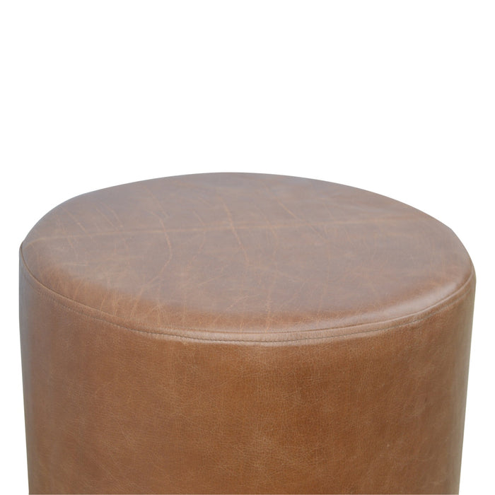 Brown Buffalo Leather Footstool with Gold Base